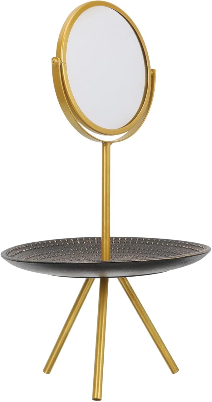 Rotatable Makeup Mirror with Jewelry Tray, Large Tabletop Bedroom Desk Mirror for Women, Gold European-Style Cosmetic Organizer and Display Stand