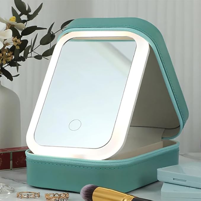 Led Three-Color Adjustable Makeup Mirror, Led Vanity Mirror Jewelry Box, Travel Portable Rechargeable Makeup Organizer with Led Lights (Pink)