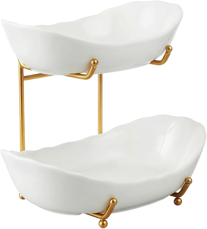 2-Tier Ceramic Fruit Basket, Decorative Tiered Stand for Kitchen Countertop, Fruit and Vegetable Storage Organizer, for Home Decor (White and Gold)