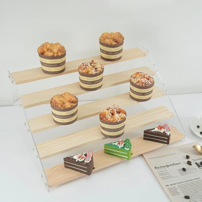 2 Pack 5 Tier Acrylic Display Stand for Figures Wooden Risers Display Case for Craft Fair Acrylic Cupcake Stand for Dessert Table Top Jewelry Displays for Craft Shows Perfume Shelf (SMALL)