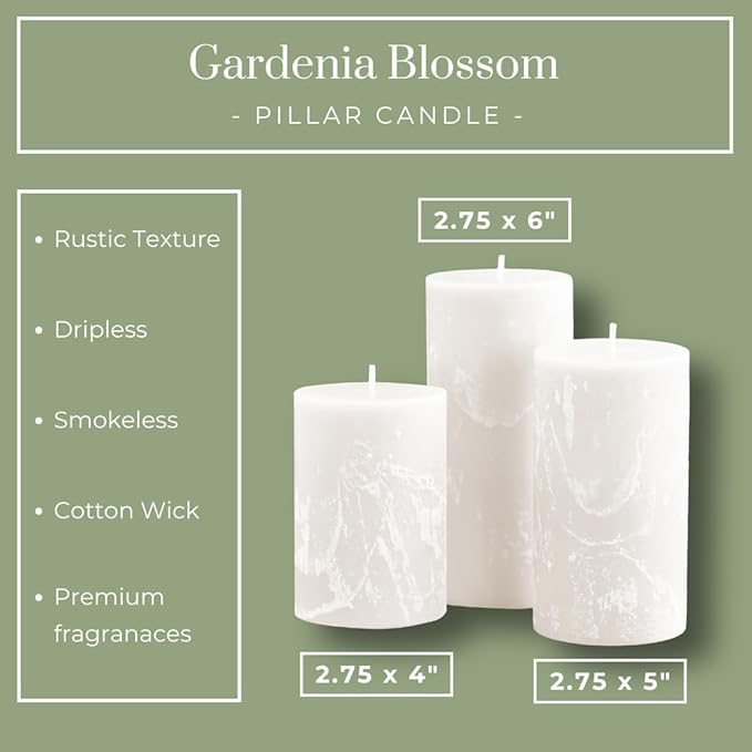White Scented Pillar Candles Set of 3, 3x4, 3x5, 3x6 White Candles, Gardenia Pilar Scented Candle, Ideal as Wedding, Parties, Spa, Dinner, Home Decor, Church