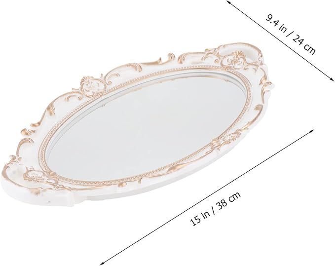 PRETYZOOM Oval Decorative Mirror Tray Vintage Decorative Jewelry Organizer for Makeup and Photo Props Elegant French Style Design for Home and Special Events