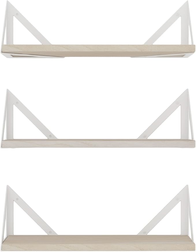 Wallniture Minori Floating Shelves for Wall Storage, Floating Bookshelf Set of 3, Bathroom and Kitchen Organizer Natural Wood Wall Shelves with White Brackets