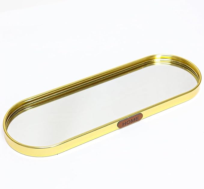 Gold Mirrored Vanity Tray, Small Oval Stainless Steel Perfume Organizer, Decorative Glass Mirror Tray for Jewelry, Makeup, Skincare, Bathroom Countertop & Nightstand Decor (11.8" x 3.9")