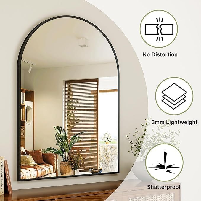 Rowjut Arched Wall Mirror 38"x24"Window Mirrors Decorative Wall & Iron Framed Bathroom Mirror, Arched Top Wall Mirror for Entryway. Living Room, Bedroom, Fireplace .（Black