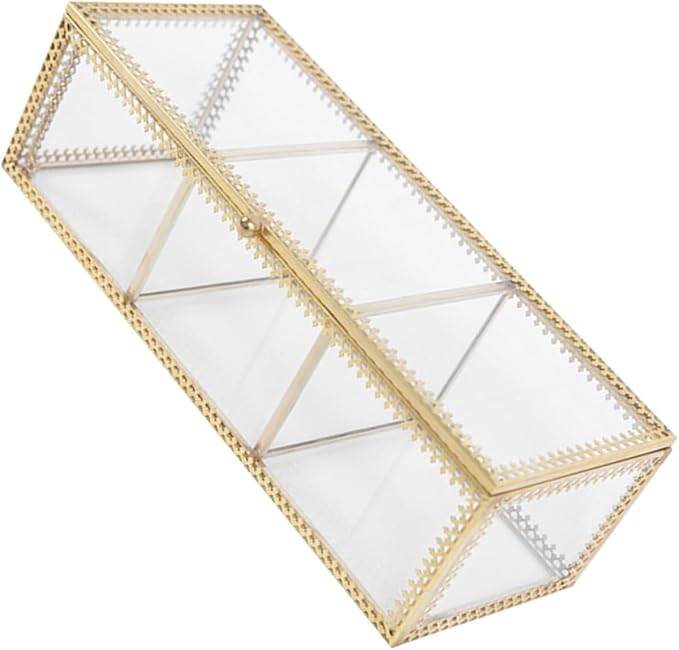 POPETPOP Glass Jewelry Box with Metal Frame Compartments Makeup Organizer and Desk Storage Dustproof Vanity Organizer for Rings Earrings Necklaces Bracelets Watches and Cosmetics