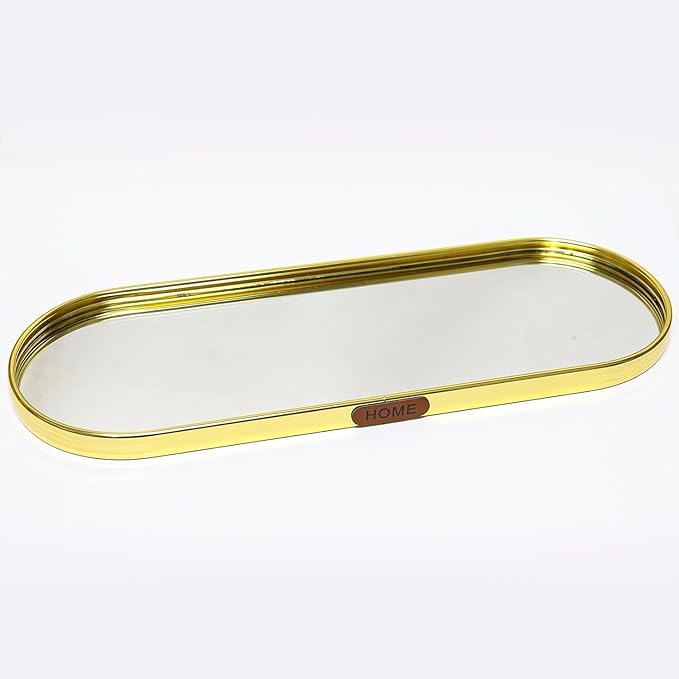 Gold Mirrored Vanity Tray, Large Oval Stainless Steel Perfume Organizer, Decorative Glass Mirror Tray for Jewelry, Makeup, Skincare, Bathroom Countertop & Dresser Decor (Oval-Large)