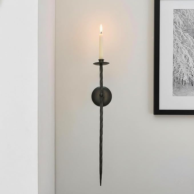 Large Wall Candle Holder Set of 2 Twisted Candle Sconces Wall Mount Metal Candle Holders Decor for Bedroom Dining Room 23.5" (Black)