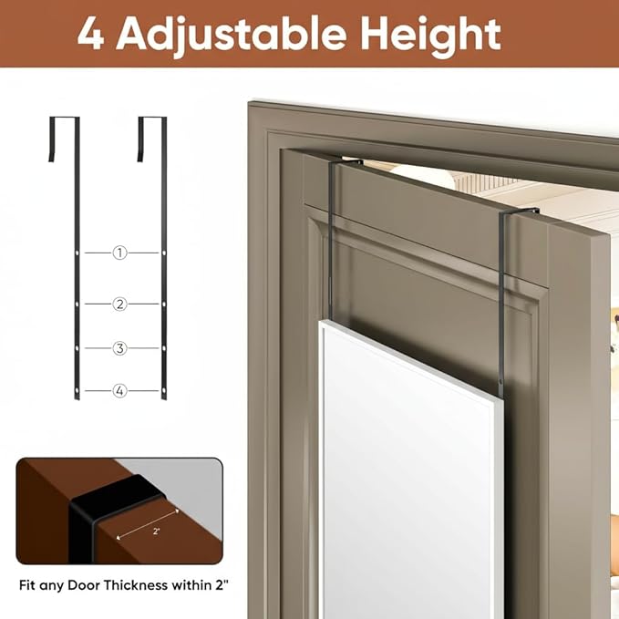 Antok 47''x 14'' Full Length Mirror Over Door, 3-in-1 Standing Leaning Wall Mounted, Adjustable Hanging Mirror for Bedroom Living Room, White, Rect Corner