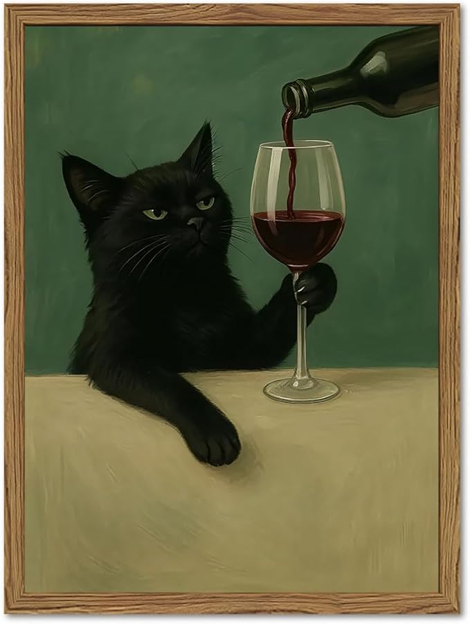 Funny Black Cat Wall Art Moody Black Cat with Wine Glass Wall Decor Whimsical Animal Bar Cart Poster Canvas Prints for Living Room Bedroom 12x16 inch Wood Framed