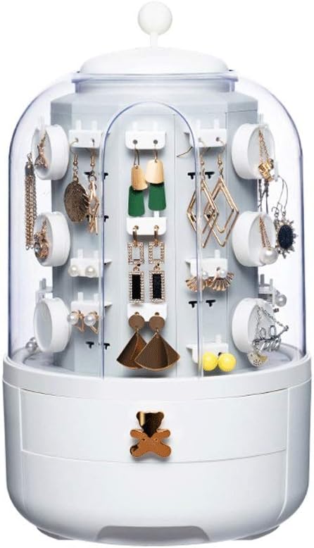 360 Rotating Jewelry Box Cosmetic Storage Box Transparent Makeup Organizer Earrings Desktop Organizer for Necklace ping (Color : White)