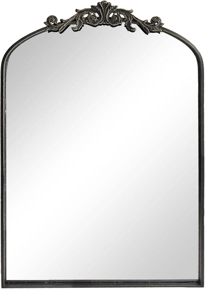 OUSHUAI Black Ornate Mirror for Wall, Traditional Vintage Ornate Baroque Mirrors,Victorian Antique Bronze Full Matel Frame,Arched Mirror for Entryway/Bathroom/Fireplace 24"X36"