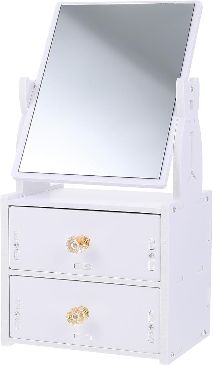 Wakauto Desktop PVC Makeup Mirror with Storage Box, Portable Vanity Mirror with Double Drawers, Cosmetic Organizer for Home Use and Bedroom Dresser