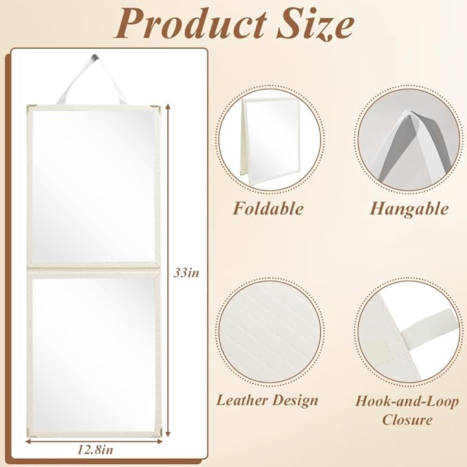 Foldable Portable Full Length Mirror, Hanging Folding Mirror with Handle, Frameless Shatterproof Hanging for Camping, Travel, Dance, RV, Home Fitness, Gift (White, 33x13 Inch) (White)