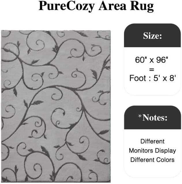 PureCozy Gray Washable Area Rug 5x8 Soft Shag Rugs for Living Room Modern Boho High Pile Non-Shedding Throw Rugs Non Slip Indoor Office Carpet for Playroom Bedroom Home Aesthetic Decor