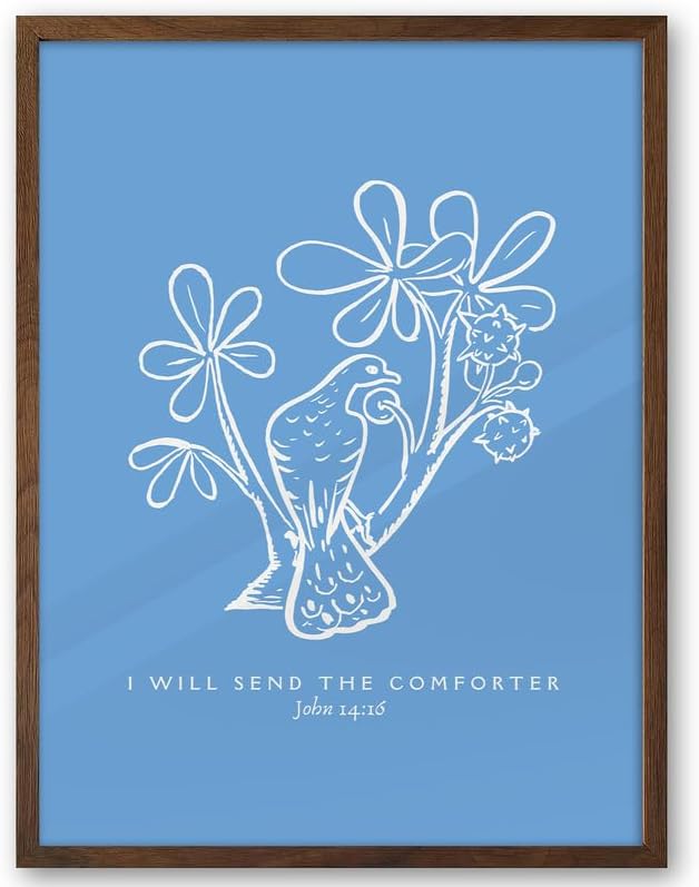 EcoHest Walnut Color OAK Wood Jesus Framed Wall Art, 12x16in John 14:16 I Will Send The Comforter Bible Verse Christian Wall Art, Blue Bedroom Decor For Living Room Bathroom Christian Gift 1Pack