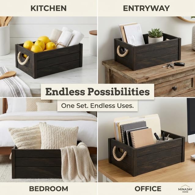 Set of 3 Rustic Nested Wooden Crates with Rope Handles - Decorative Farmhouse Storage Boxes for Kitchen, Living Room & Bathroom - Modern Wood Grain Home Organization