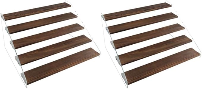 2 Pack Large 5 Tier Acrylic Display Stand 16*13*7.8 inches for Figures Wooden Risers Display Case for Craft Fair Acrylic Cupcake Stand for Dessert Table Cologne Organizer for Men (BROWN)