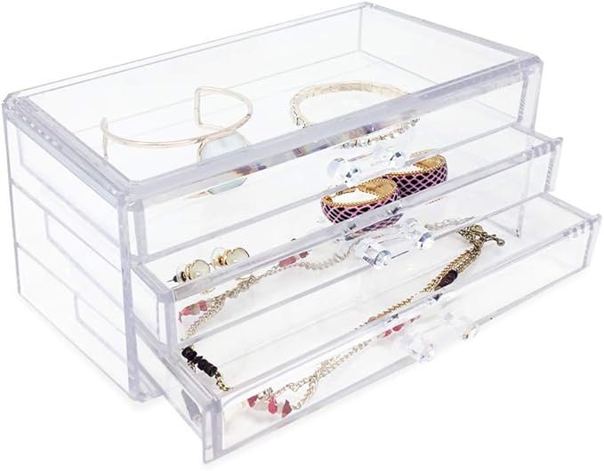 Isaac Jacobs Clear Acrylic 3-Drawer Stackable Jewelry Organizer, Cosmetic & Makeup Case with 3-Drawer Trays, Made for Bedroom, Bathroom, Countertop & Dresser