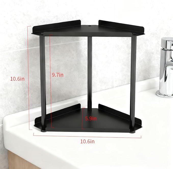Black 2 Tier Corner Bathroom Organizer Countertop Storage Shelf for Vanity and Makeup