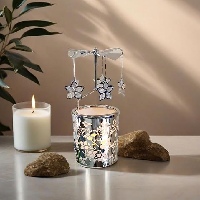 Metal Rotary Candle Holder Spinning Windmill Tea Light Carousel Decor for Home & Gifts (Silver Bauhinia Flower)