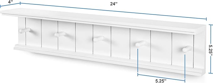 Greenco Entryway Wall Mounted Floating Shelf with Wooden Peg Style Hooks, Hat and Coat Hanging Storage Shelf, 24” – White