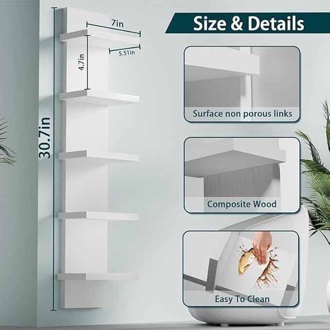 5 Tier White Wall Shelves - Vertical Column Floating Storage Organizer, Tall Tower Design Utility Shelving for Home Decor, Bedroom & Living Room, 30.7" x 31" (White)