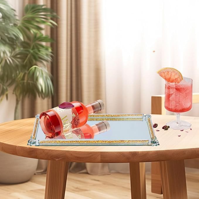 Glass Perfume Tray, 13.8" x 5.9" Golden Crystal Mirror Perfume Tray for Vanity Jewelry Trinket Cosmetic Makeup Display Serving Trays for Dresser Crushed Diamond Home Decor Countertop Organizer