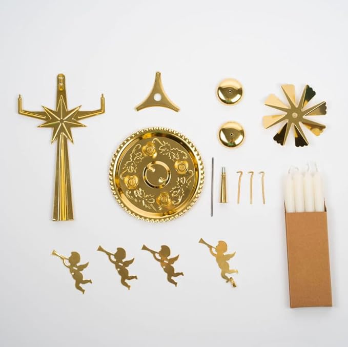 Original Swedish Angel Chimes, Carousel and 4 Candles – Scandinavian Spinning Festive Chimes for Christmas, Best Memorial Gift Since 1948, Home Decorations - Gold Brass