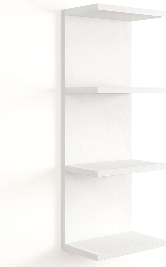 Fun Memories 4 Tier Wall Shelf Unit, Vertical Floating Shelf, Wall Mount Lack Shelving Home Decor Organizer Tall Tower Design Utility Shelving for Bedroom Living Room, White