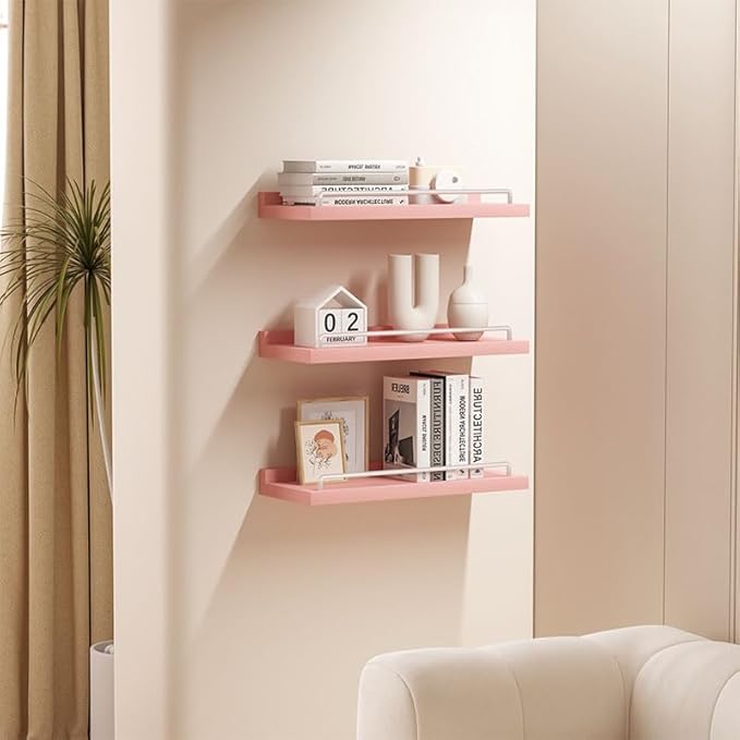 RYOFOBETTO Small Floating Shelf, 6X9 Inches Farmhouse Wall Shelves for Living Room, Bedroom, Picture Frames, Plants, Kitchen, Set of 3 (Pink and White)