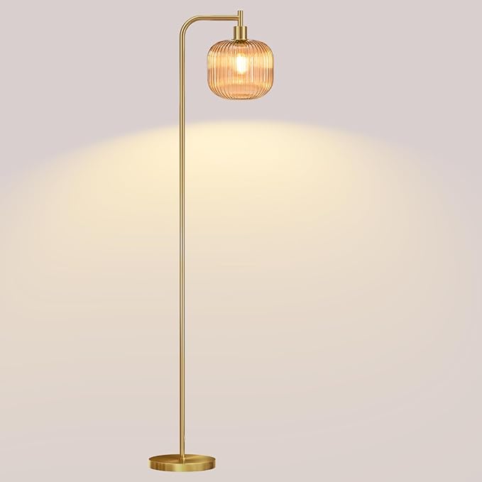 Mid Century Modern Floor Lamp, 67" Tall Standing Lamp with Transparent Amber Glass Shade, Vintage Gold Floor Lamp for Living Room Bedroom, Stable 6.2lbs Weighted Base, ST64 LED Bulb Included