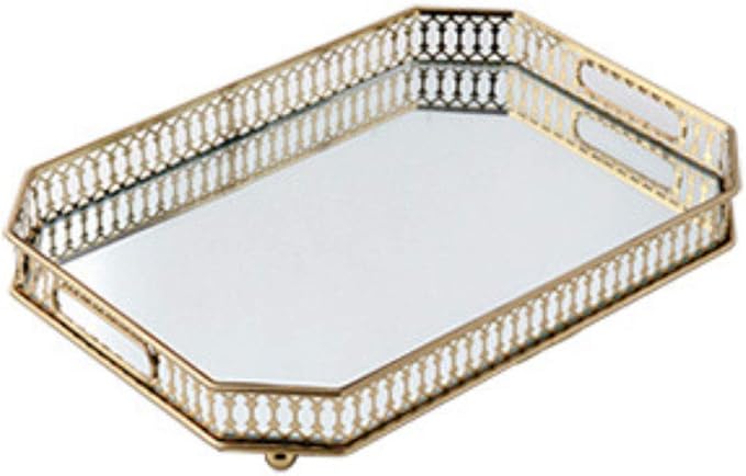 Vintage Gold Mirror Tray,Rectangle(13.8x9.8in) Ornate Geometric Brass Plated and Glass Display Storage Organizer,Jewelry Perfume Makeup Organizer Tray, for Dresser, Bathroom, Bedroom