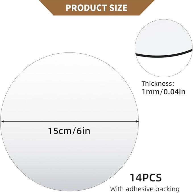 14 Pack Acrylic Round Mirrors, 6 inch Circle Mirror Tiles Self Adhesive Mirror Stickers for Wall Home Living Room Bedroom Decor, Small Mirrors for Crafts (Thickness 1 mm) (6 inch/15cm)