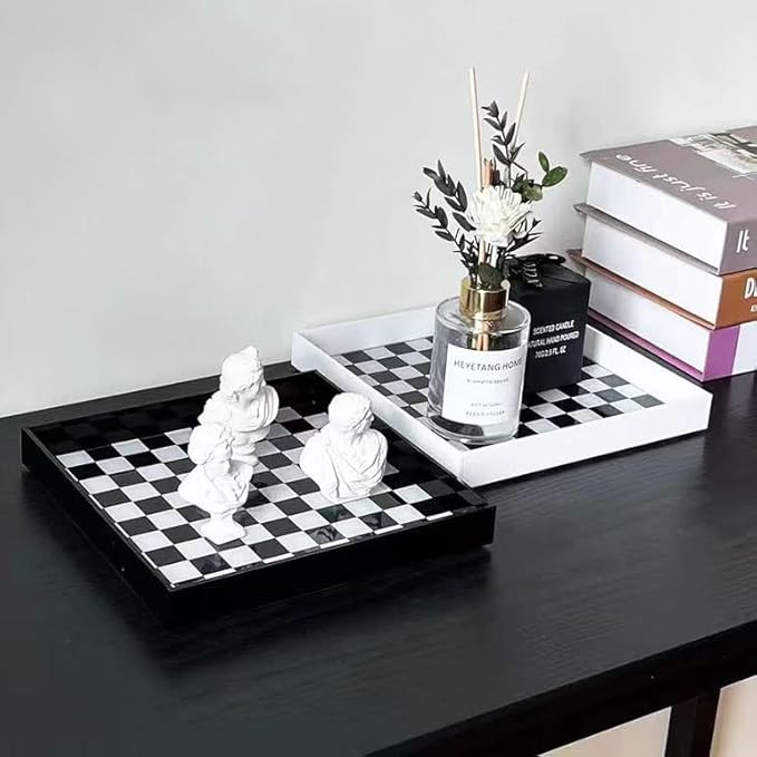 Ciandid Checkered Decorative Tray - Checkerboard Jewelry and Aromatherapy Reed Diffuser Vanity for Bathroom, White Dresser Organizer for Makeup and Perfume