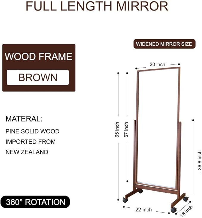 Swivel Full Length Mirror on Wheels 65"x22", Free Standing Wood Frame Cheval Floor Mirror for Dressing, Full Body with Stands, Tilt Angle Adjustable, Brown