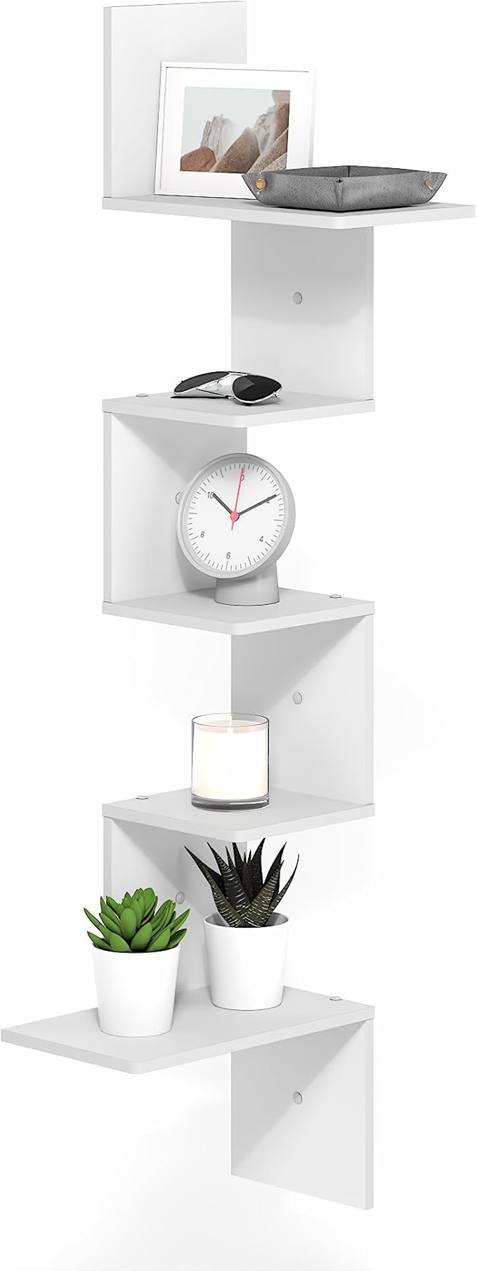 Furinno Rossi Corner Floating Shelves for Wall, 5-Tier Corner Rectangular Wall Shelf, S-Shape Radial Floating Book Shelf, Easy Assembly, for Bathroom, Bedroom, Living Room, White