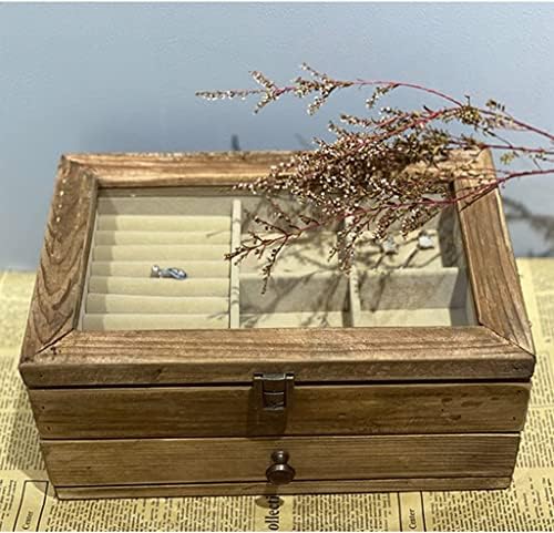 Makeup Organizer Jewelry Case Organizer Jewelry Storage Jewelry Box Solid Wood Retro Distressed Wooden Jewelry Organizer Box With Clear Lid Double-Layer Jewelry Case For Rings Jewelry Box Je