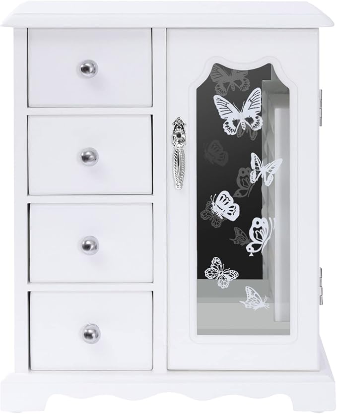 White Jewelry Box - Rotatable Hook with Large Mirror Dresser Decor - Wooden Makeup and Accessories Organizer with 4 Drawers - Wood Jewelry Case with Mirror for Necklaces, Earring, Rings