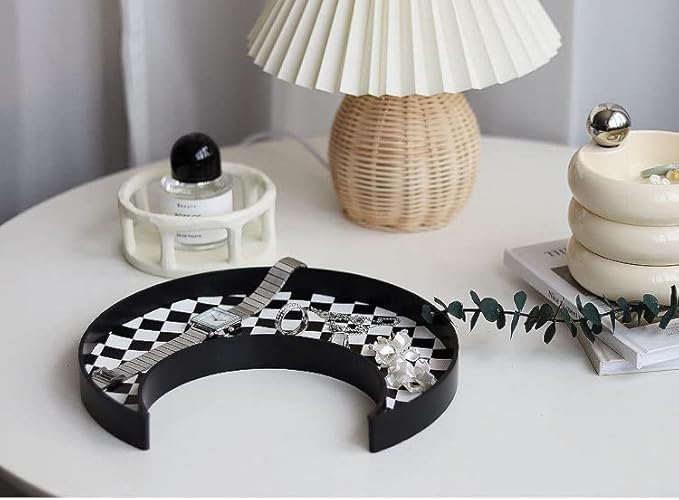 Ciandid Checkered Moon Shape Jewelry Tray - Decorative Organizer for Dresser, Makeup, Perfume - Vanity Tray for Bathroom, Coffee Table, Ottoman