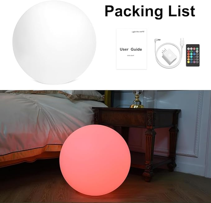 20 inch Large LED Globe Ball Light, Rechargeable LED Orb Light, Dimmable 16 RGB Colors Globe Floor Lamp w/Remote, Indoor/Outdoor Waterproof Glowing Globe Mood Lamp for Home Garden Patio Party