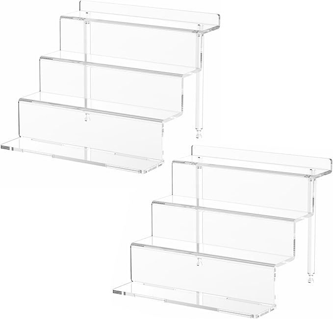 NIUBEE Acrylic Riser Display Shelf, 2 Pack Clear Display Stand for Amiibo Funko POP Figures,4 Tier Cupcakes Stand Perfume Organizer and Storage (12 Inch Large)