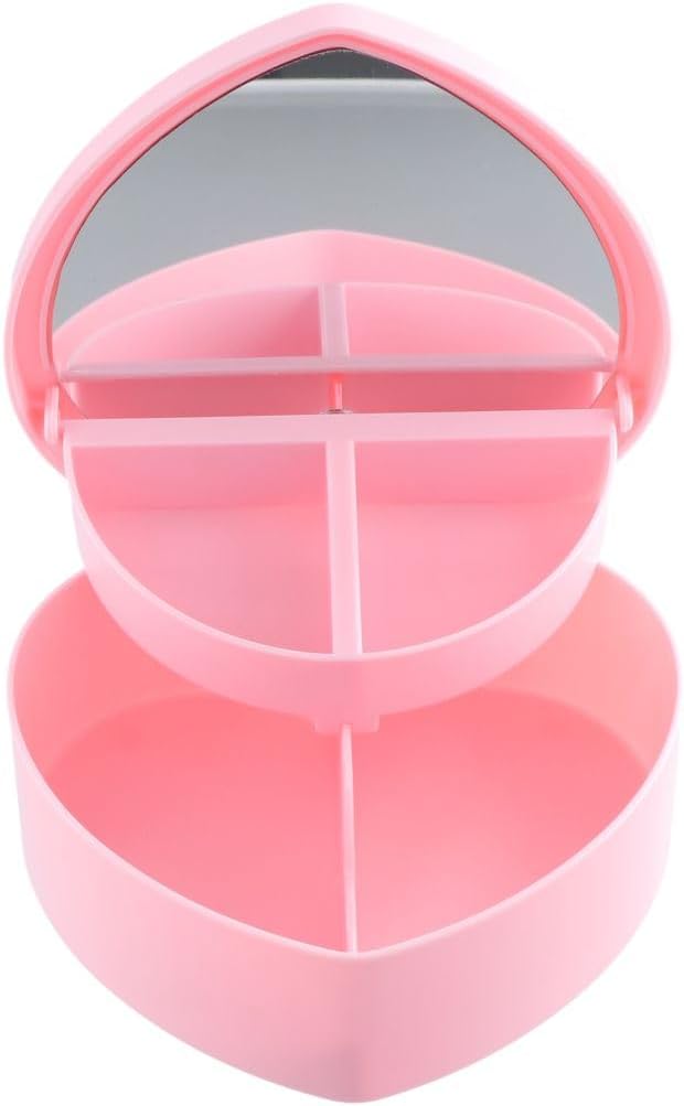 Leadigol Heart Shape Jewelry Box, Plastic Pink Jewelry Storage Organizer with Make Up Mirror, 2 Layer Jewelry Display Tray, Ideal Gift for Anniversaries, Wedding, and Valentine's Day
