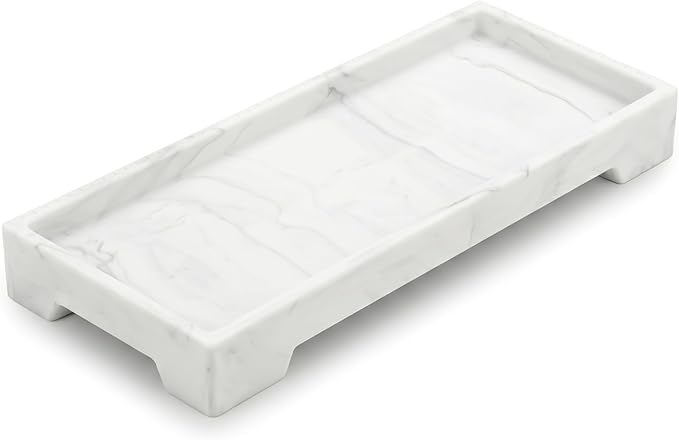 Countertop Vanity Tray - Silicone Bathroom Sink Organizer & Kitchen Soap Tray, Footed Anti-Slip Design, Waterproof Caddy for Perfume, Jewelry, Makeup, Bottle, Oil, Sponge Holder, White Marble 10"x4.2"