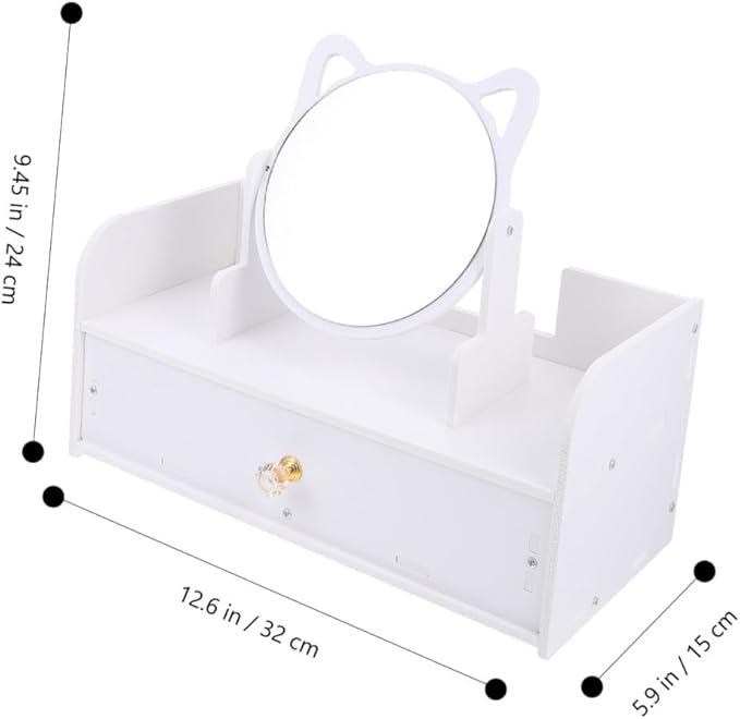 Makeup Vanity Mirror with Storage Case, Large Desktop Standing Mirror with Single Drawer, Round Cosmetic Organizer for Women’s Tabletop Dressing Table