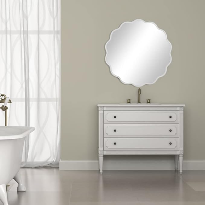 White Round Wavy Mirror for Wall 22 inch Nursery Mirror Decorative Metal Circle Mirrors Scalloped White Hanging Mirror for Bathroom,Bedroom, Dresser, Living Room,Entryway