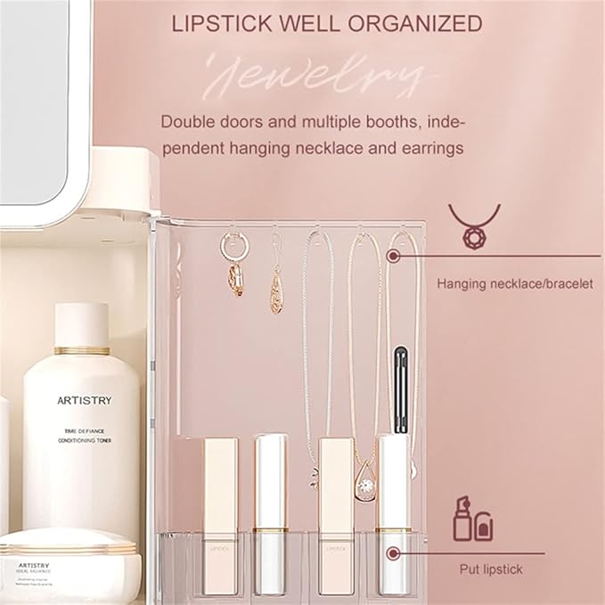Storage Box with Mirror Light Desktop Makeup Organizer Case Dust-Proof Drawer Type Jewelry Box (Color : White Size : 35.526.629.719.3CM)