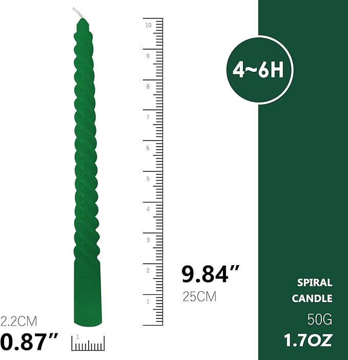 Taper Candles, Spiral Twisted Taper Candles Set of 4, Unscented Taper Candlesticks 10 inch Tall, Home Decor Kitchen Decor Wedding Decorations (Green)