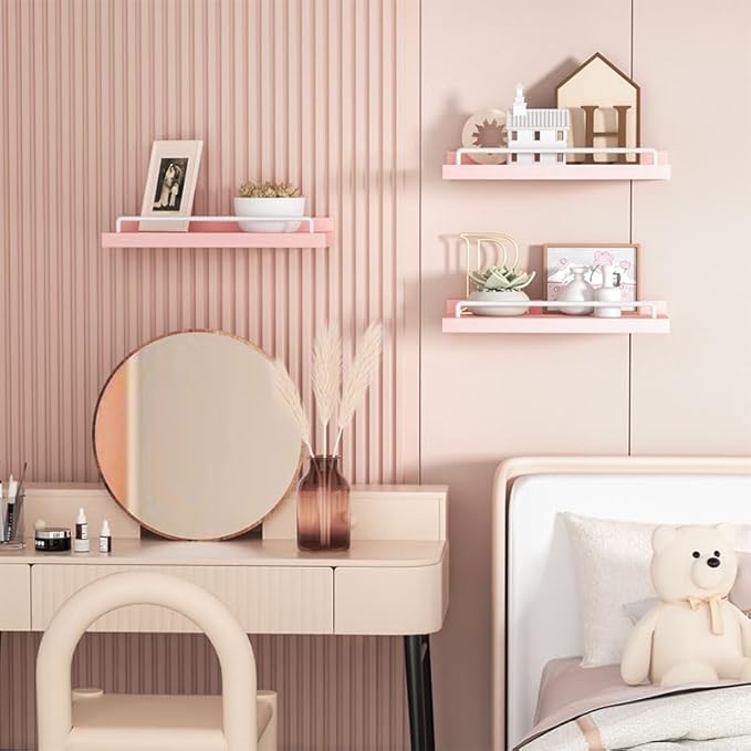 RYOFOBETTO Small Floating Shelf, 6X9 Inches Farmhouse Wall Shelves for Living Room, Bedroom, Picture Frames, Plants, Kitchen, Set of 3 (Pink and White)