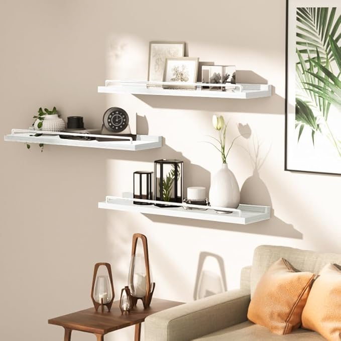 RYOFOBETTO 22 inches Long Floating Shelves, Bathroom Decor Shelves Over Toilet, Farmhouse Wall Shelves for Living Room, Bedroom, Picture Frames, Plants, Kitchen, Set of 3 (White)